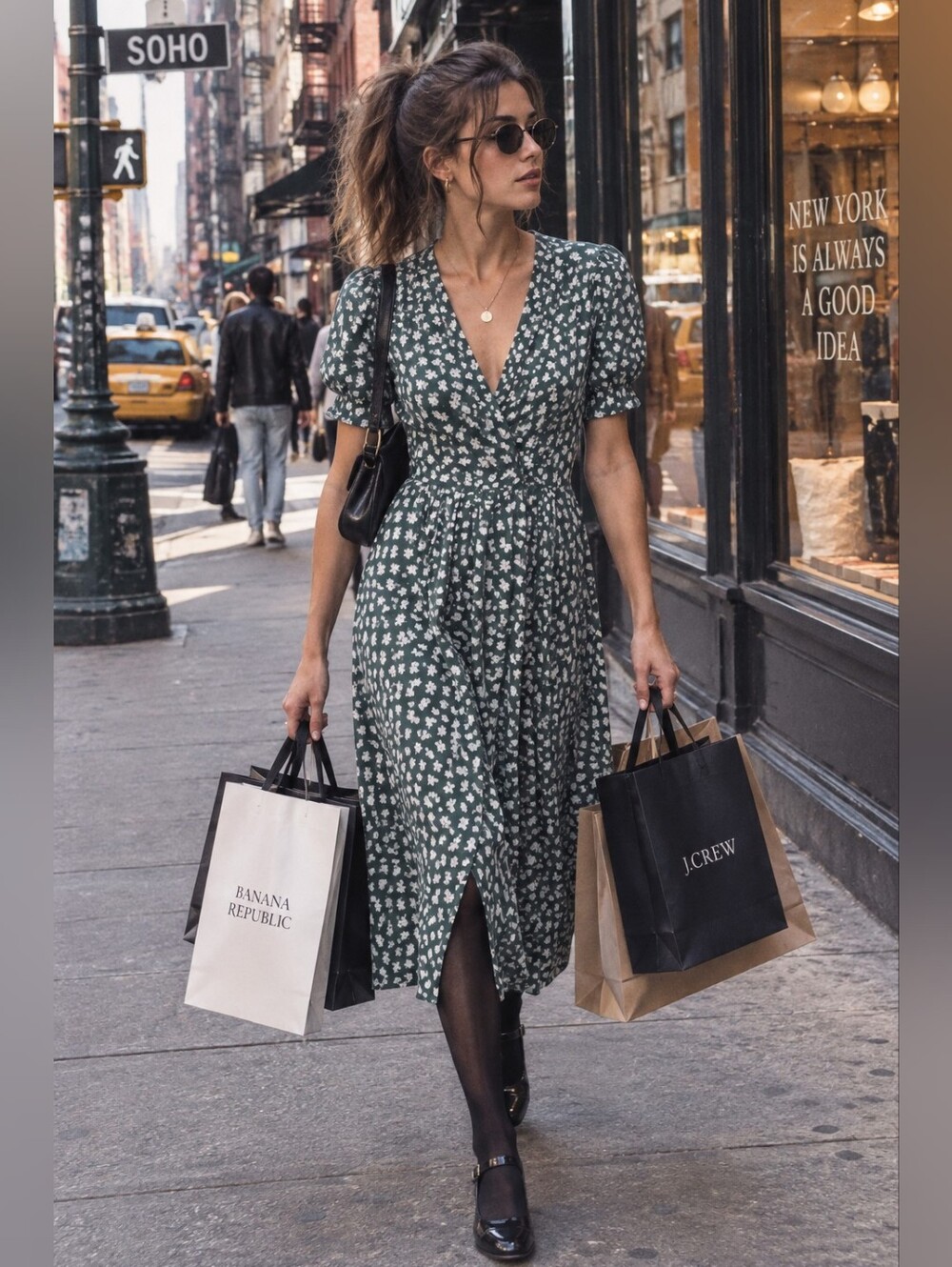 Women’s Green Floral Wrap Midi Dress